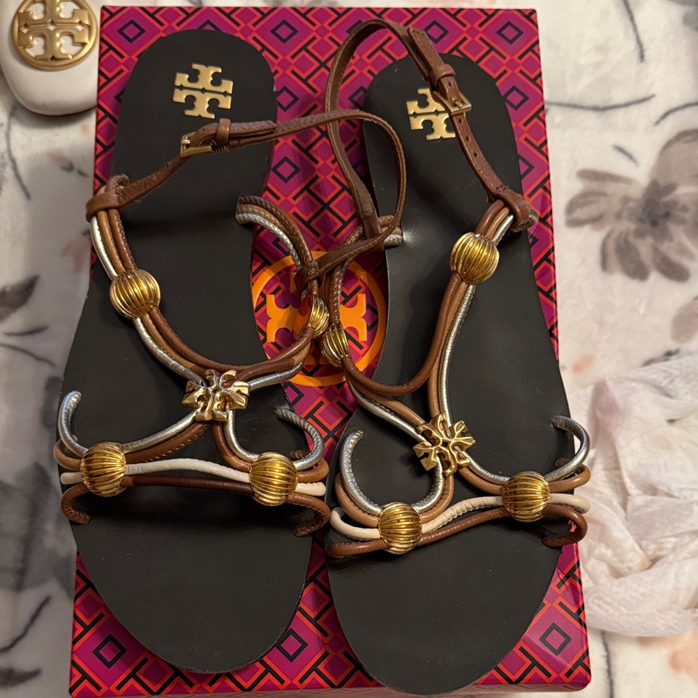 Tory Burch Capri Gold and Brown Strappy Sandals